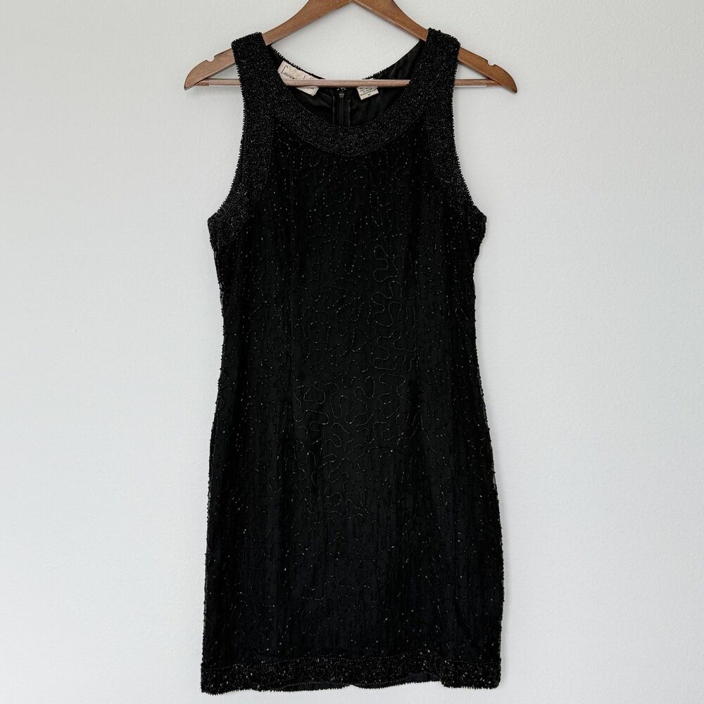 VINTAGE Laurence Kazar Dress Womens Small Black Beaded Cocktail Sheath Party 90s